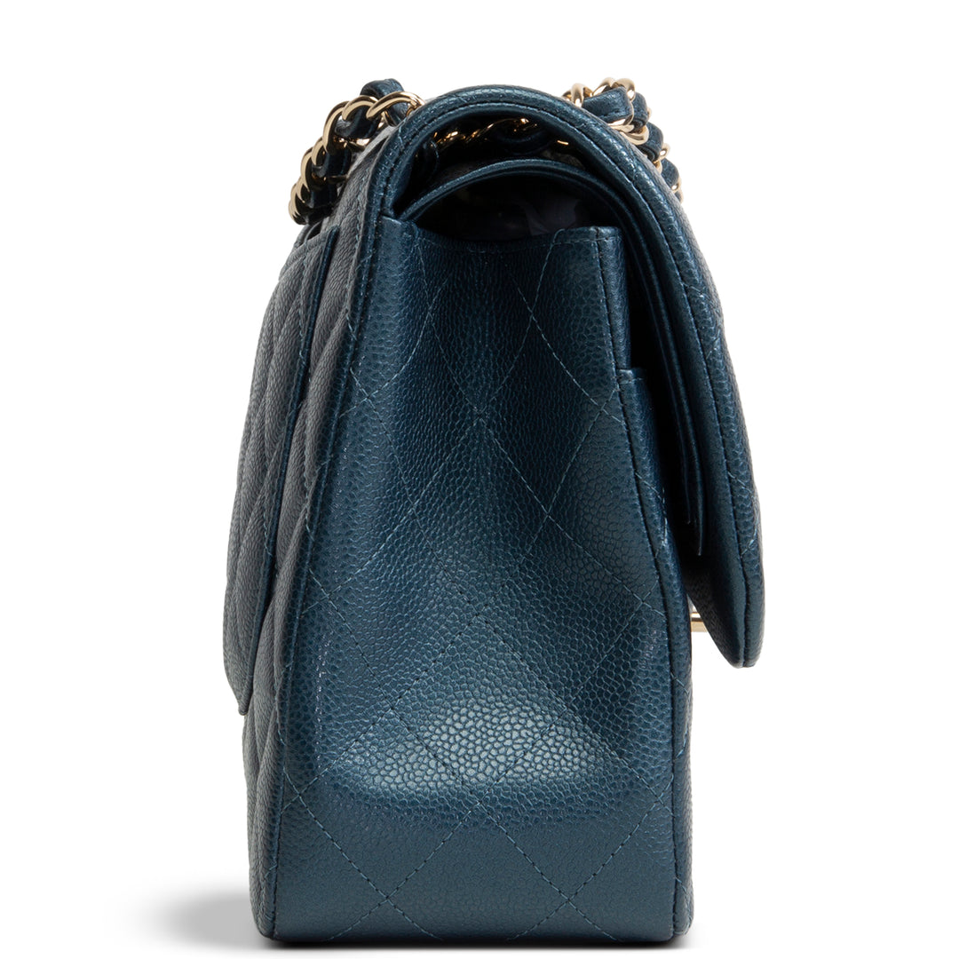 CHANEL Quilted Caviar Jumbo Double Flap Bag - Iridescent Navy