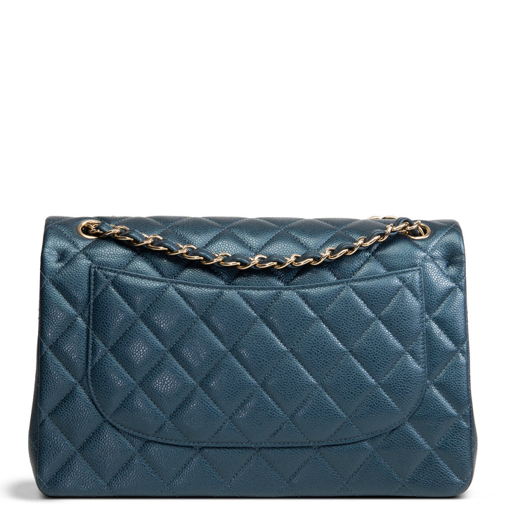 CHANEL Quilted Caviar Jumbo Double Flap Bag - Iridescent Navy