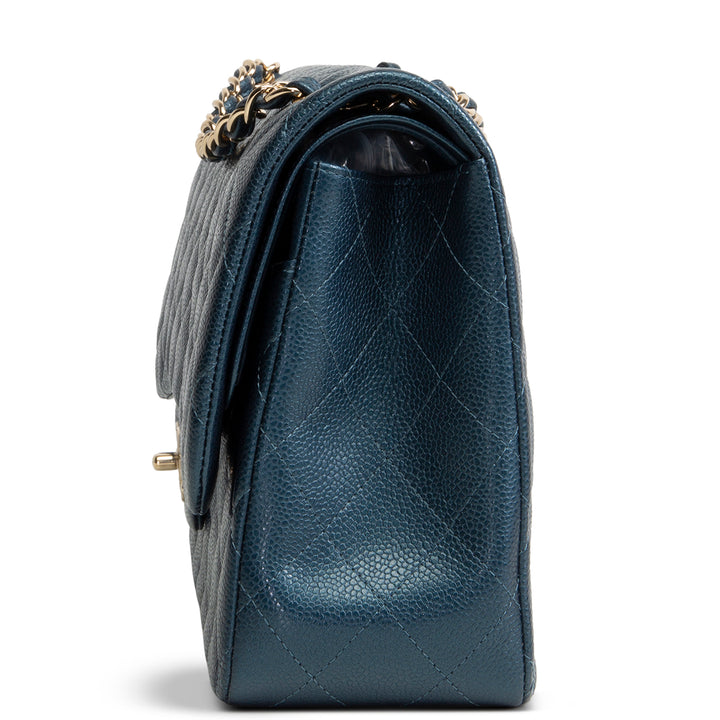 CHANEL Quilted Caviar Jumbo Double Flap Bag - Iridescent Navy