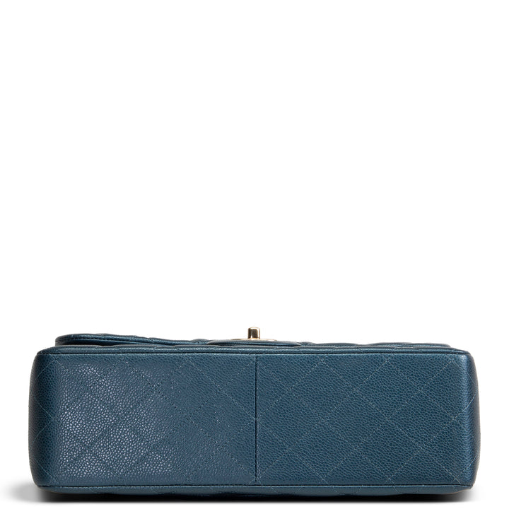 CHANEL Quilted Caviar Jumbo Double Flap Bag - Iridescent Navy