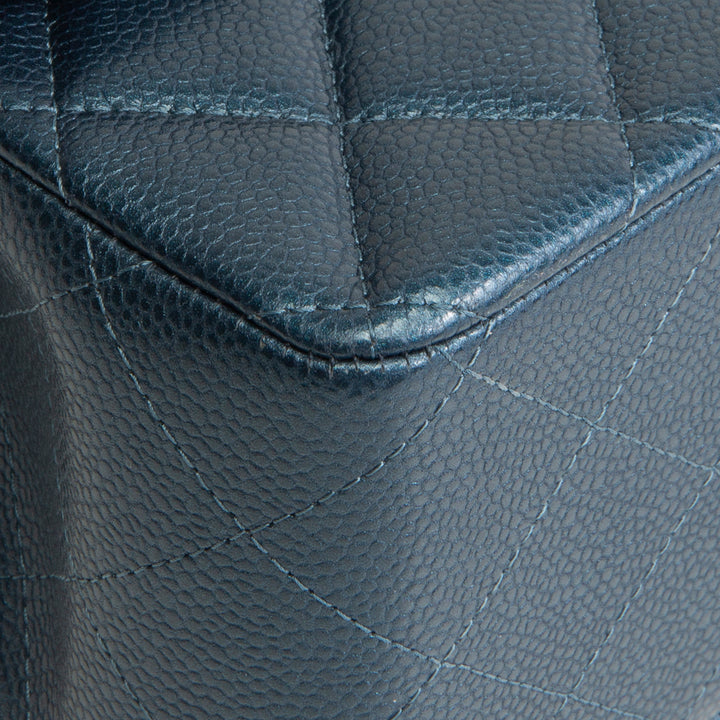 CHANEL Quilted Caviar Jumbo Double Flap Bag - Iridescent Navy