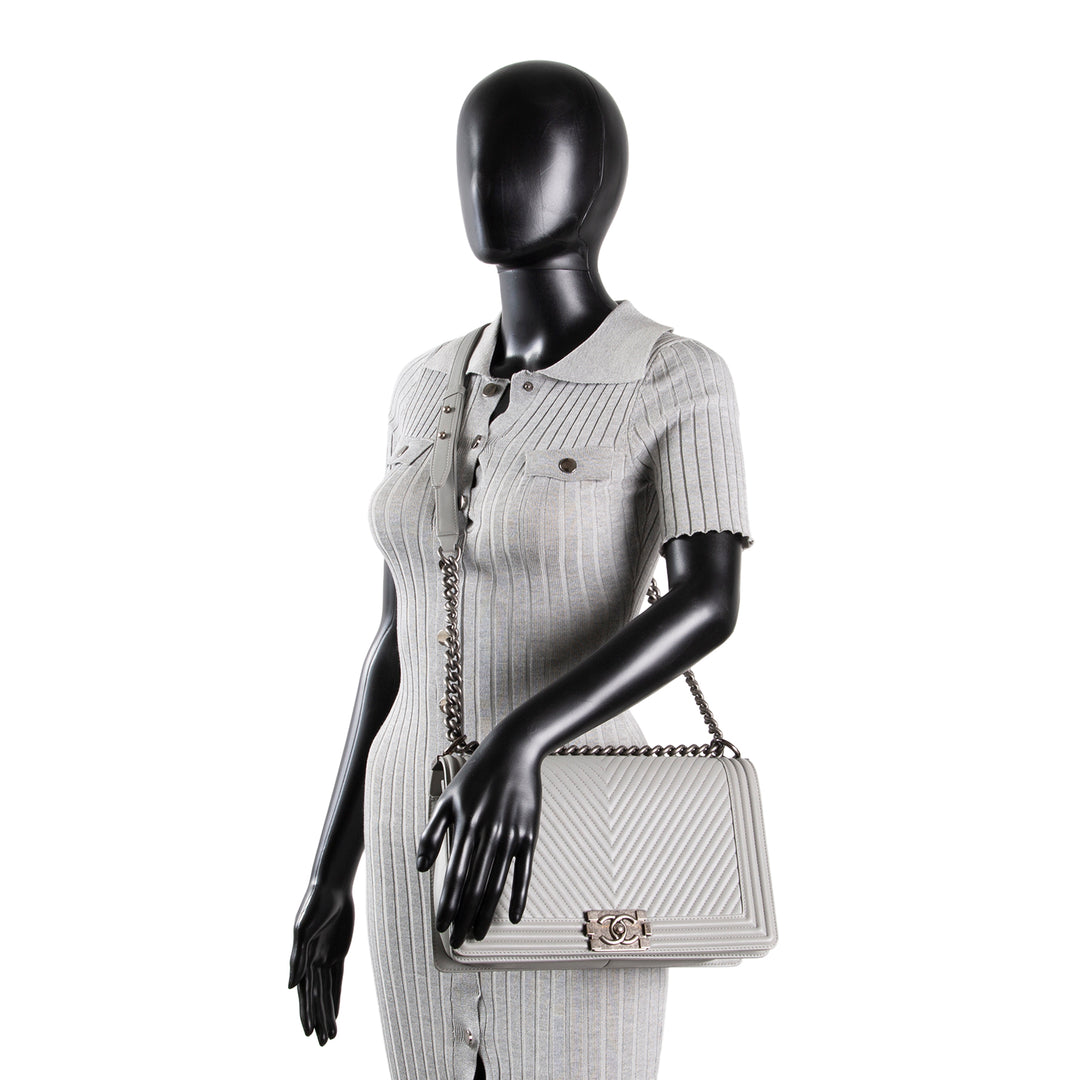 CHANEL Large Chevron Boy Bag - Grey