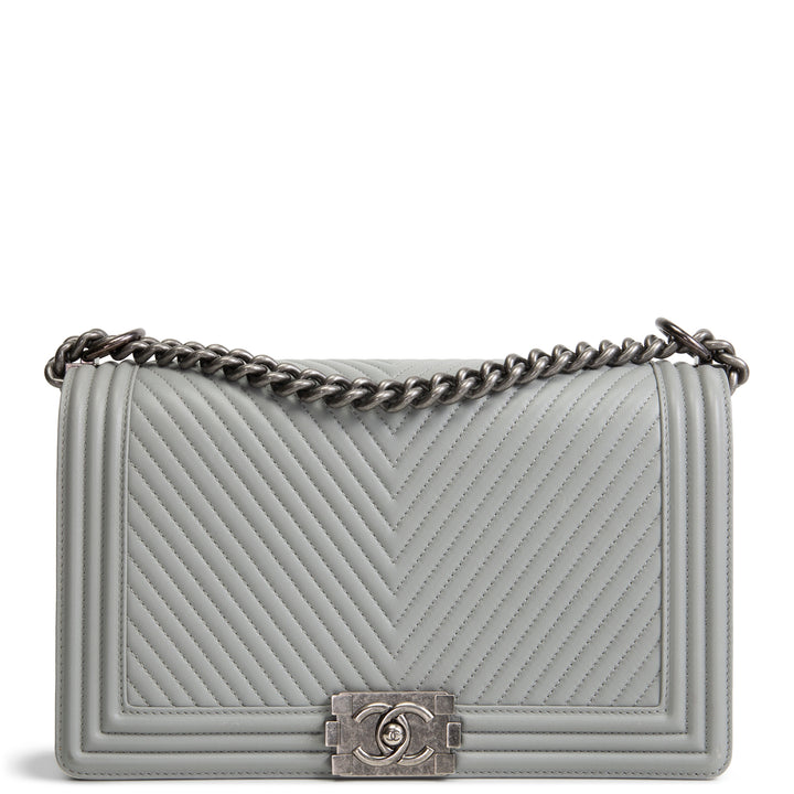 CHANEL Large Chevron Boy Bag - Grey