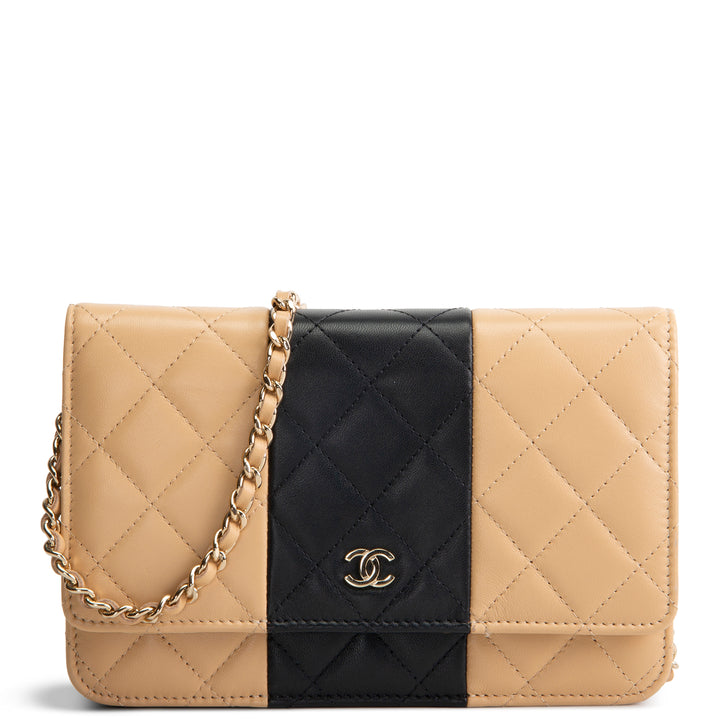CHANEL Lambskin Bicolor Wallet on Chain - Beige/Black