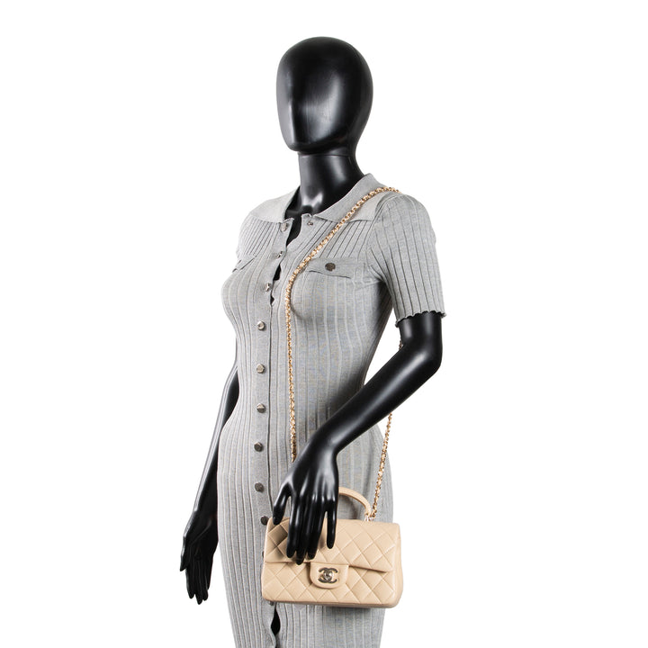 CHANEL Lambskin Top Handle Rectangular Single Flap - Beige