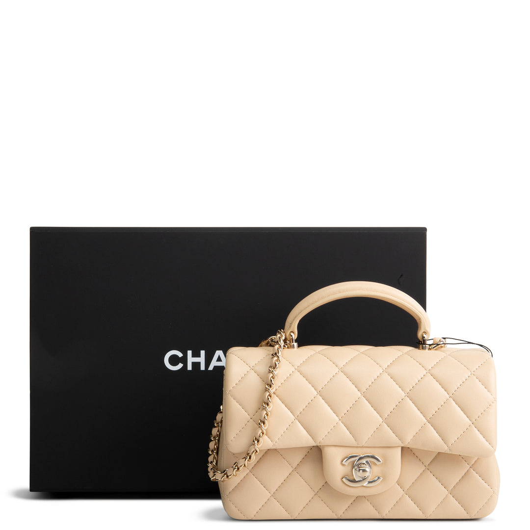 CHANEL Lambskin Top Handle Rectangular Single Flap - Beige
