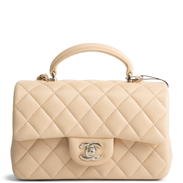 CHANEL Lambskin Top Handle Rectangular Single Flap - Beige