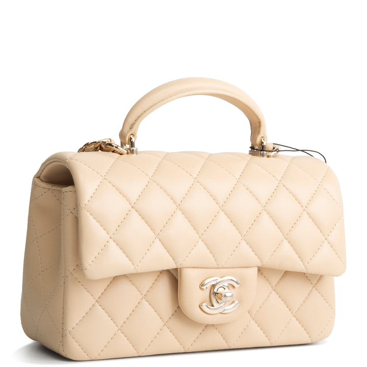 CHANEL Lambskin Top Handle Rectangular Single Flap - Beige