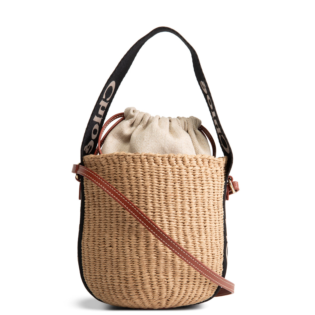 Chloe Woody Small Brown Woven Raffia Bucket Bag