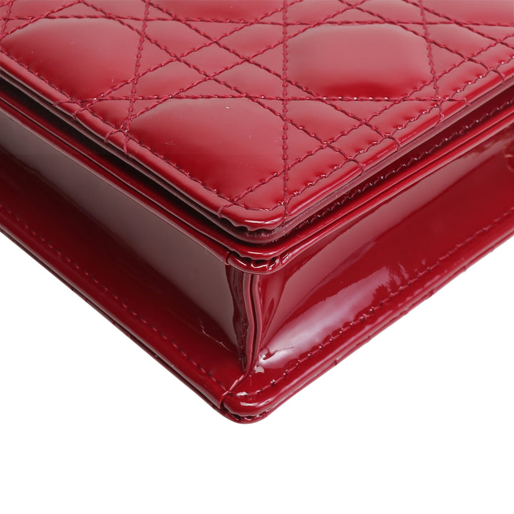 CHRISTIAN DIOR Patent Lady Dior Pouch On Chain - Cherry Red