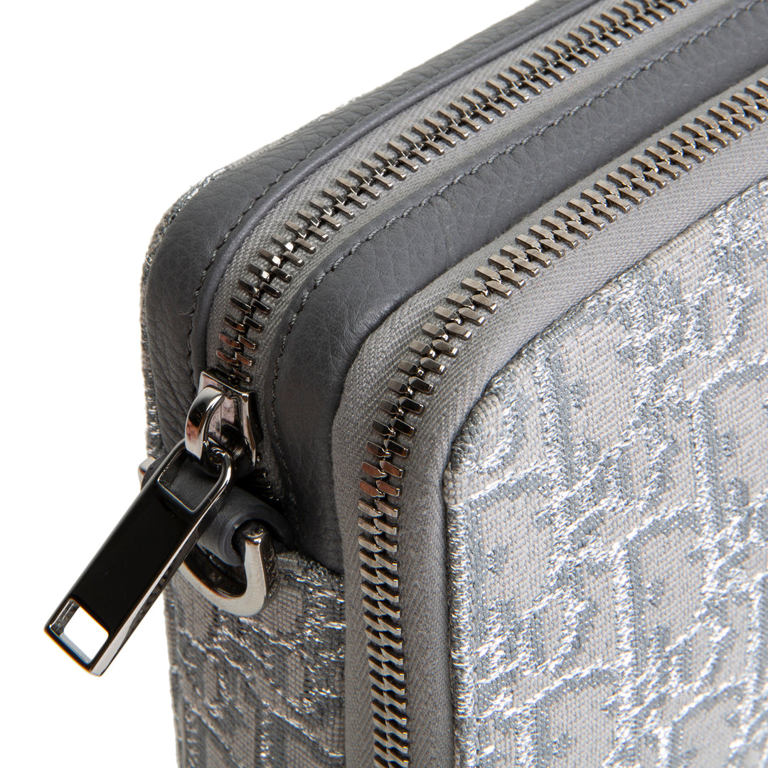 DIOR Oblique Zipped Pouch w/ Strap - Metallic Silver/Grey