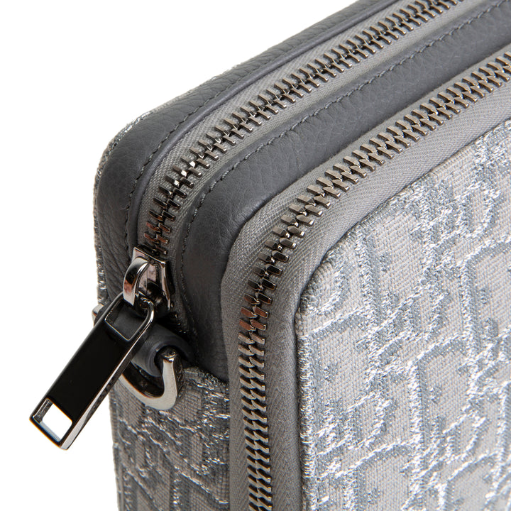 DIOR Oblique Zipped Pouch w/ Strap - Metallic Silver/Grey