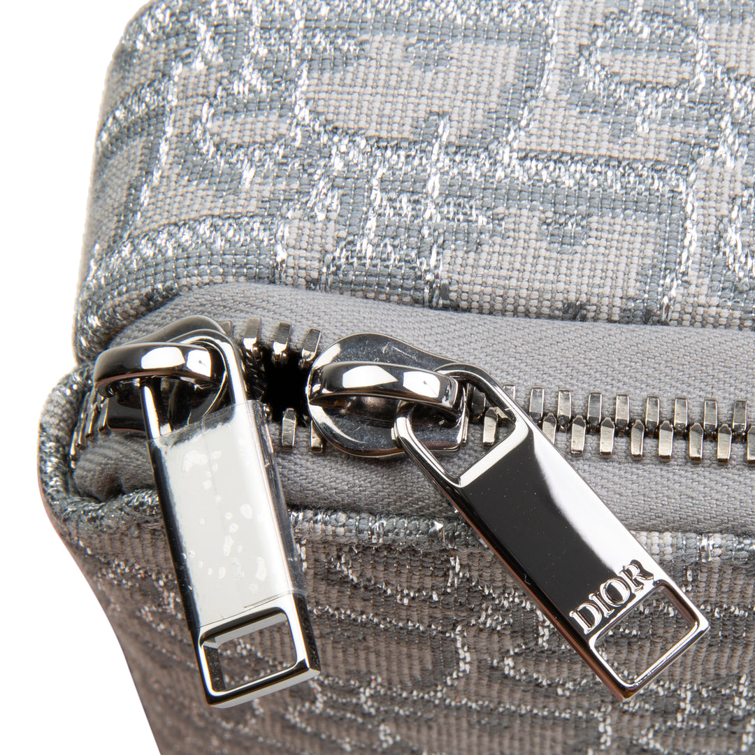 DIOR Oblique Zipped Pouch w/ Strap - Metallic Silver/Grey