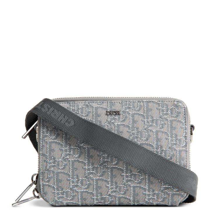 DIOR Oblique Zipped Pouch w/ Strap - Metallic Silver/Grey