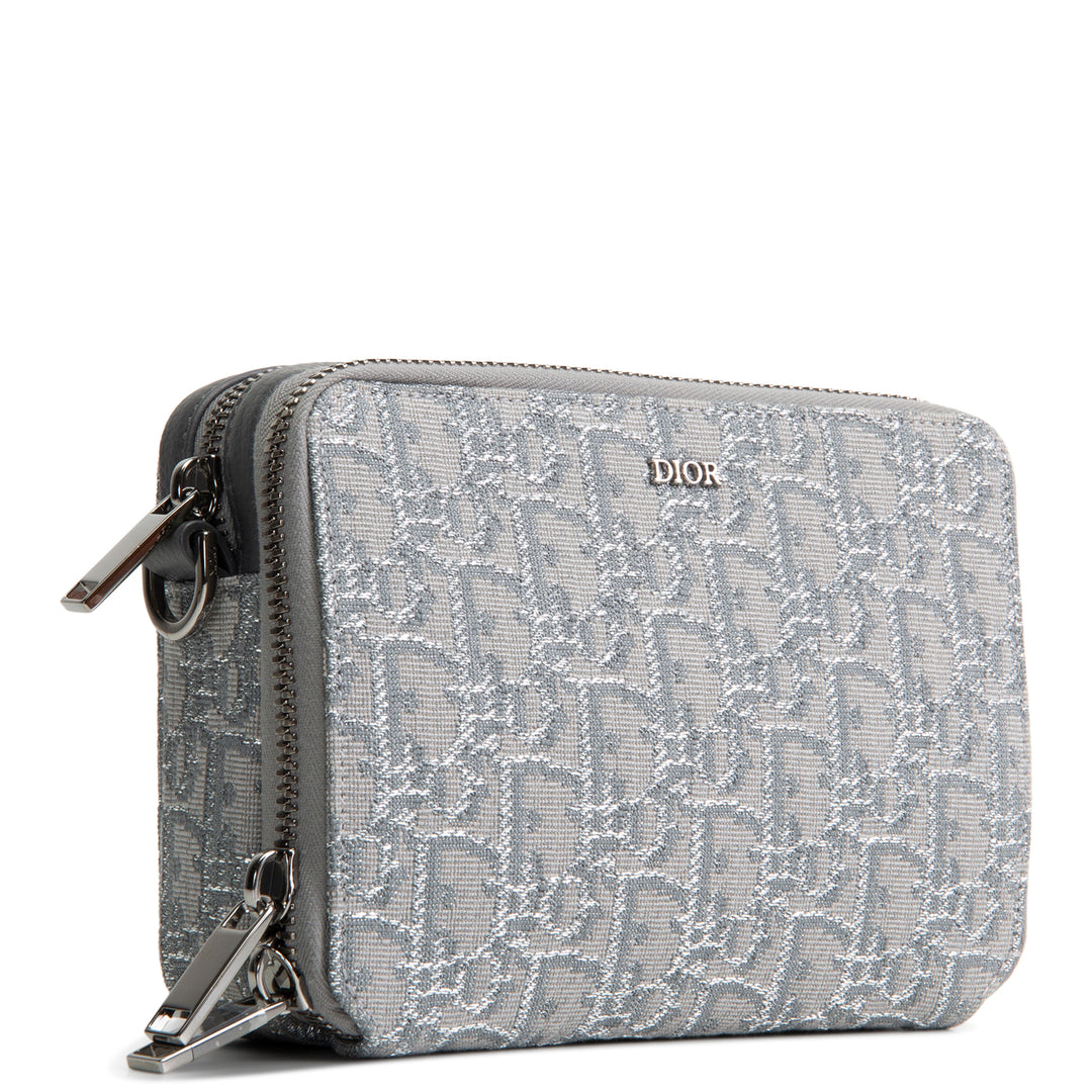 DIOR Oblique Zipped Pouch w/ Strap - Metallic Silver/Grey
