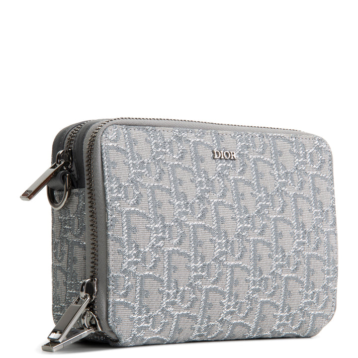 DIOR Oblique Zipped Pouch w/ Strap - Metallic Silver/Grey