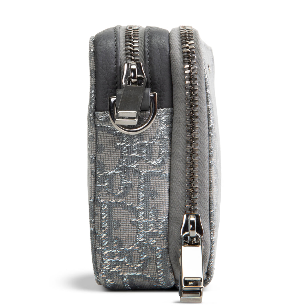 DIOR Oblique Zipped Pouch w/ Strap - Metallic Silver/Grey