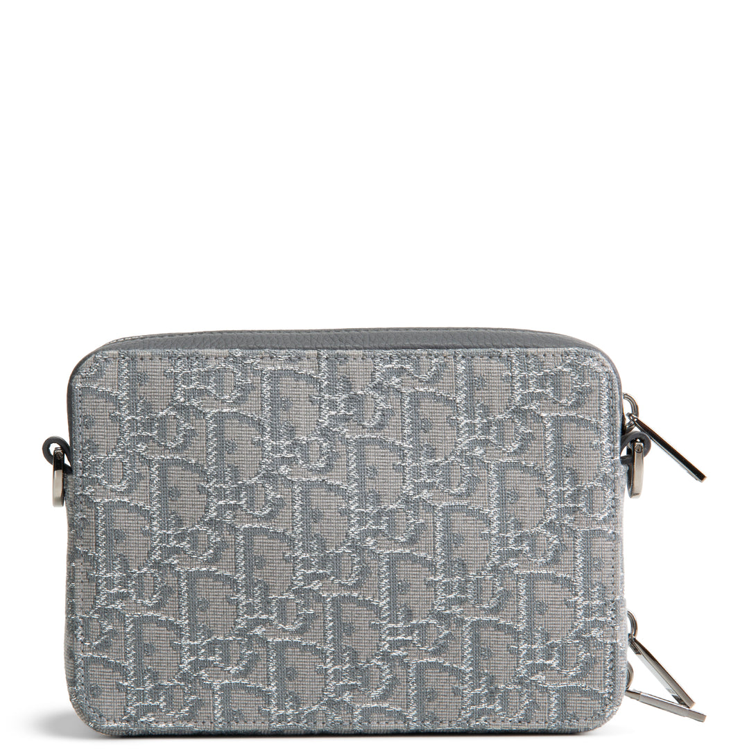DIOR Oblique Zipped Pouch w/ Strap - Metallic Silver/Grey