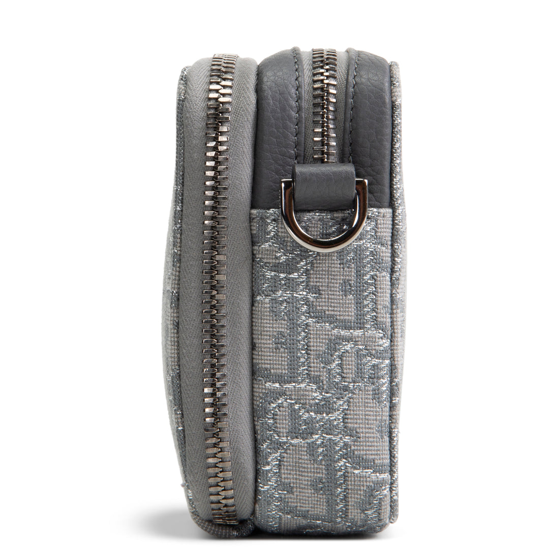 DIOR Oblique Zipped Pouch w/ Strap - Metallic Silver/Grey