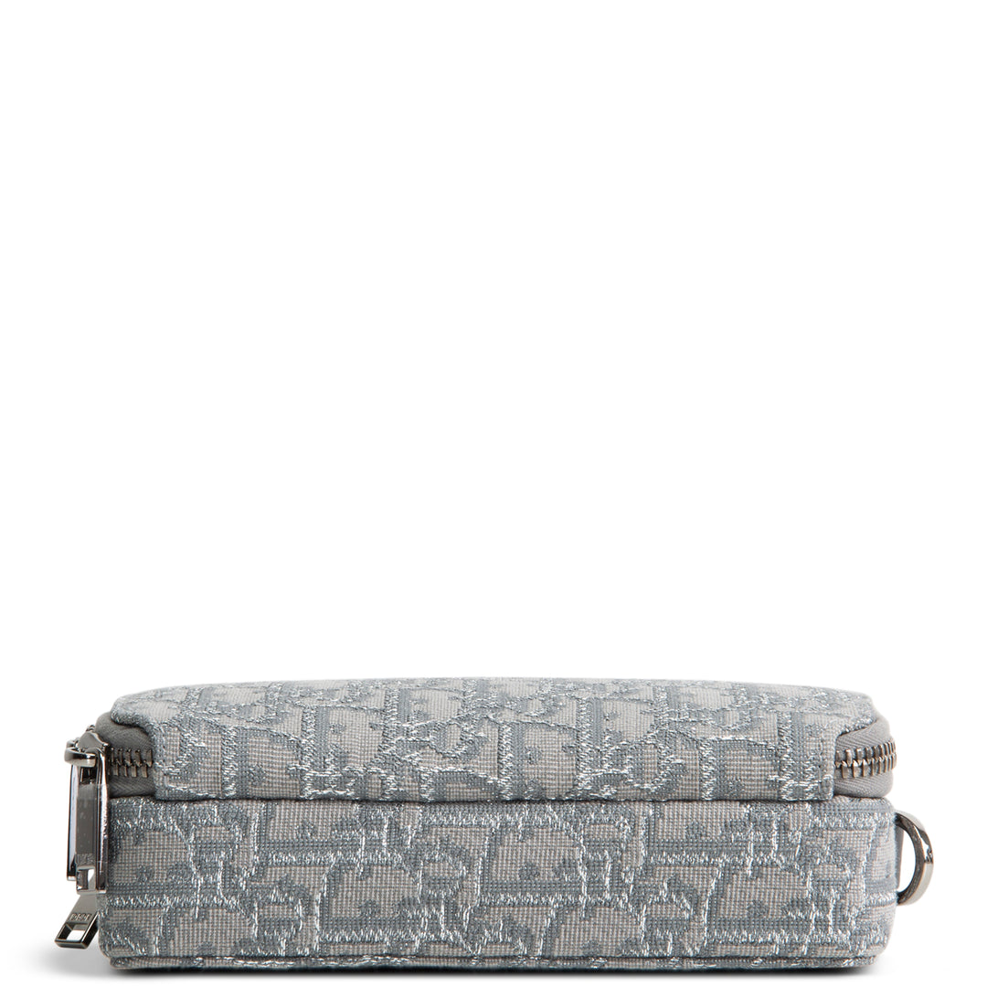 DIOR Oblique Zipped Pouch w/ Strap - Metallic Silver/Grey