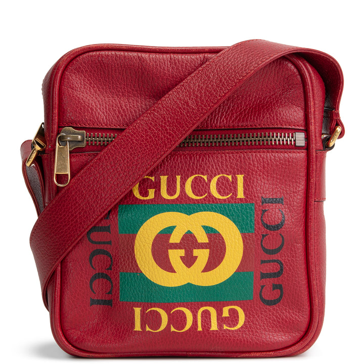 GUCCI Web Logo Print Leather Crossbody - Red OUTLET FINAL SALE