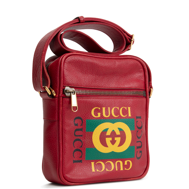 GUCCI Web Logo Print Leather Crossbody - Red OUTLET FINAL SALE