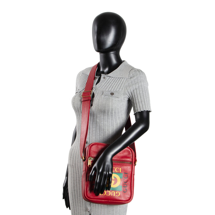 GUCCI Web Logo Print Leather Crossbody - Red OUTLET FINAL SALE