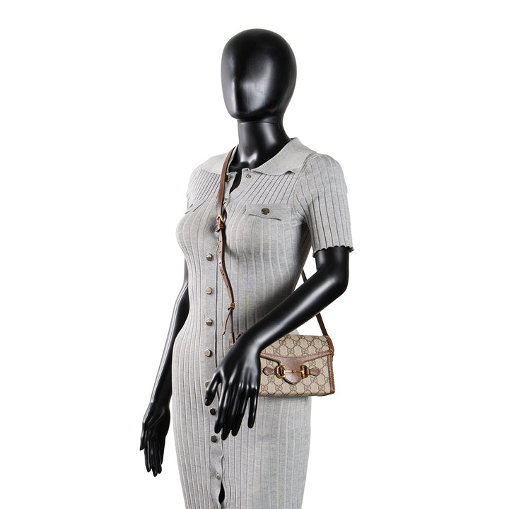 GUCCI GG Supreme Mini Horsebit 1955 Shoulder Bag - Beige & Ebony