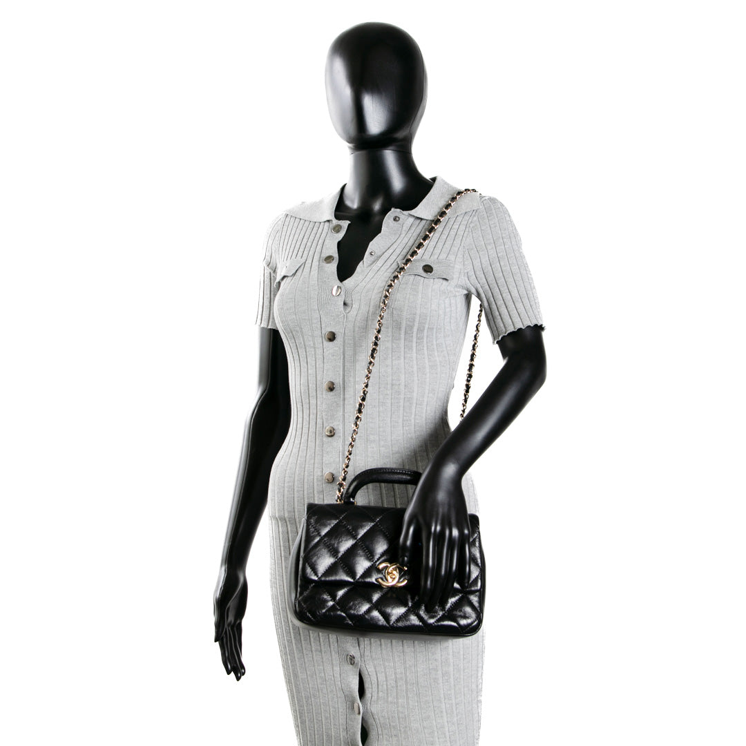 CHANEL Quilted Crinkled Leather Coco Top Handle Flap Bag - Black