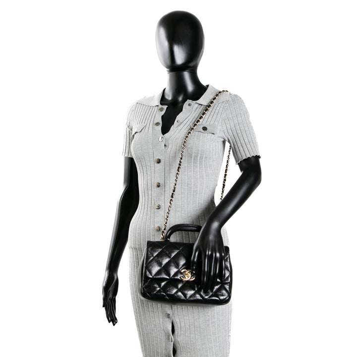 CHANEL Quilted Crinkled Leather Coco Top Handle Flap Bag - Black