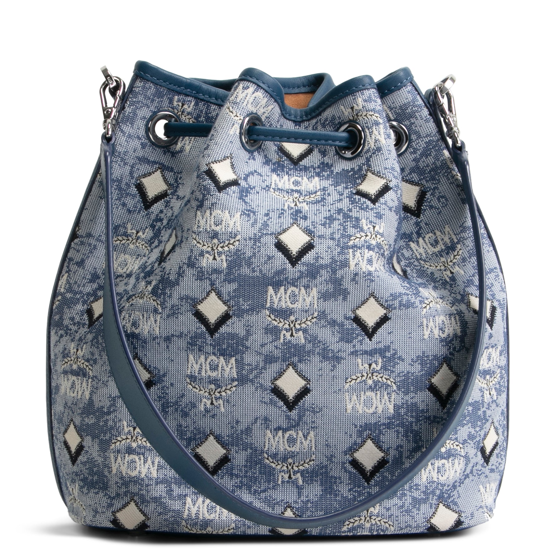 MCM Medium Dessau Drawstring Bucket Bag- Blue Denim – ALB