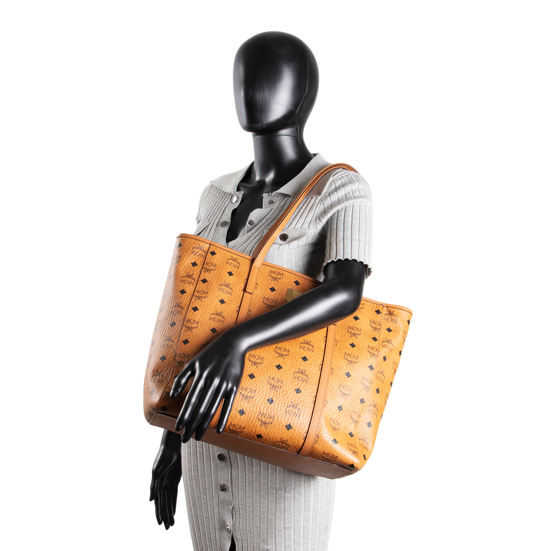 MCM Visetos Medium Toni Top Zip Tote - Cognac