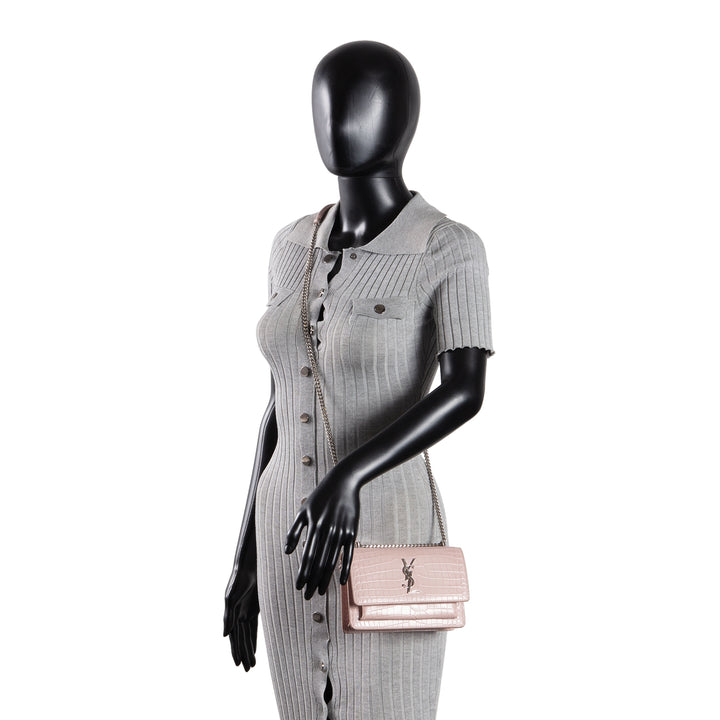 SAINT LAURENT Croc Embossed Mini Sunset - Light Pink