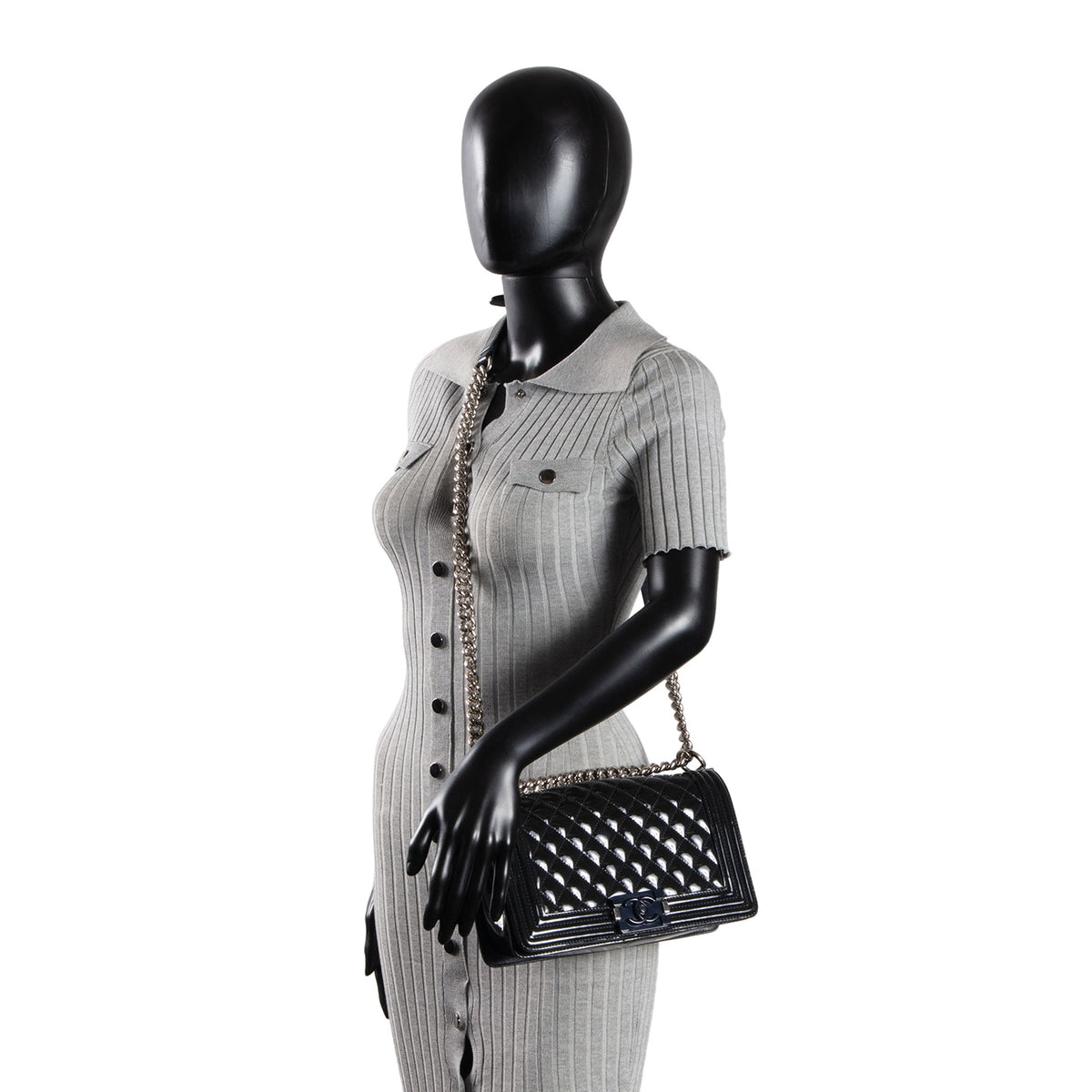 CHANEL Medium Patent Plexiglass Boy Bag - Navy
