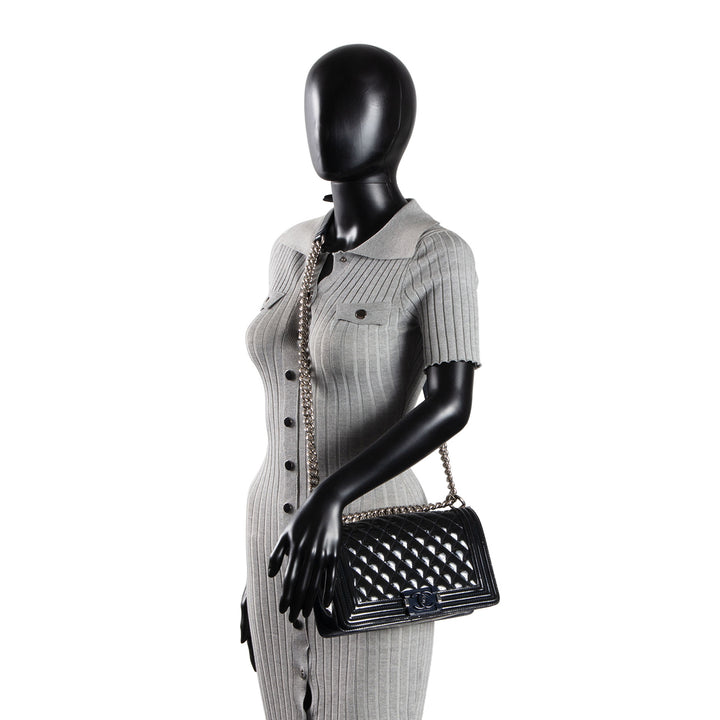 CHANEL Medium Patent Plexiglass Boy Bag - Navy