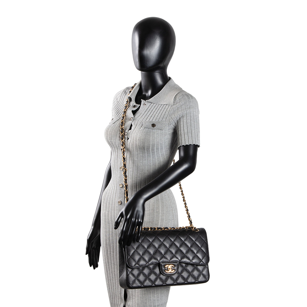 CHANEL Quilted Caviar Jumbo Double Flap Bag - Black