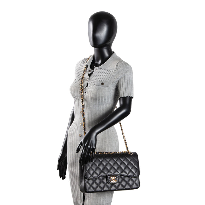 CHANEL Quilted Caviar Jumbo Double Flap Bag - Black