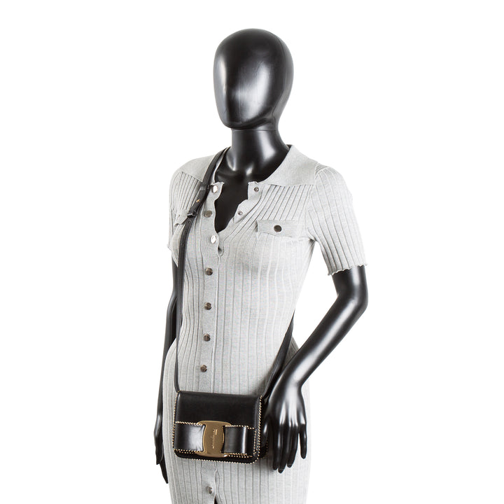 FERRAGAMO Leather Studded Vara Bow Accent Crossbody - Black