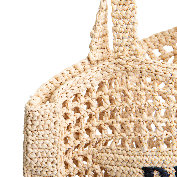 PRADA Raffia Logo Crochet Tote