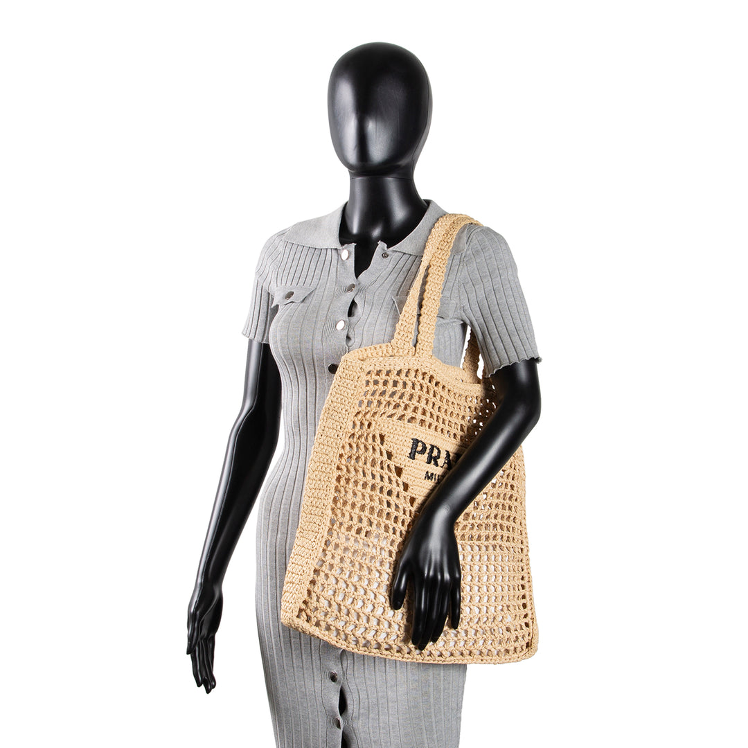 PRADA Raffia Logo Crochet Tote