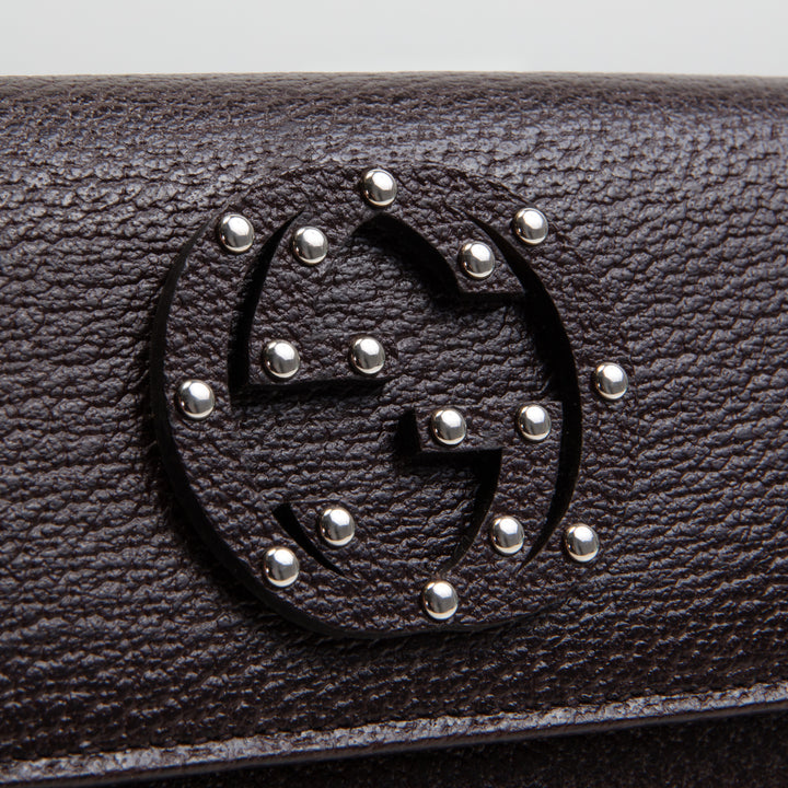 GUCCI Leather Studded Interlocking G Clutch/Wallet - Brown