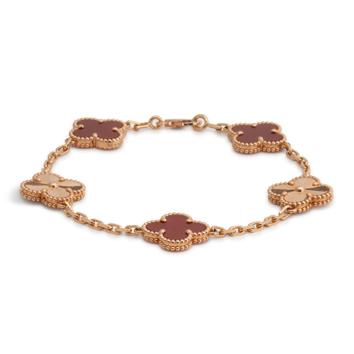 VAN CLEEF & ARPELS 5 Motif Alhambra Carnelian & Gold Bracelet