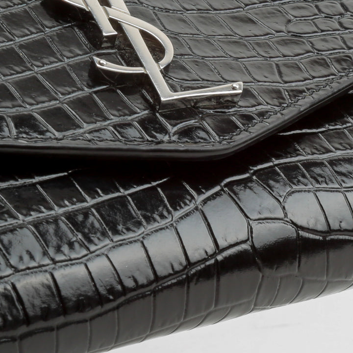 SAINT LAURENT Croc Embossed Uptown Chain Wallet - Black