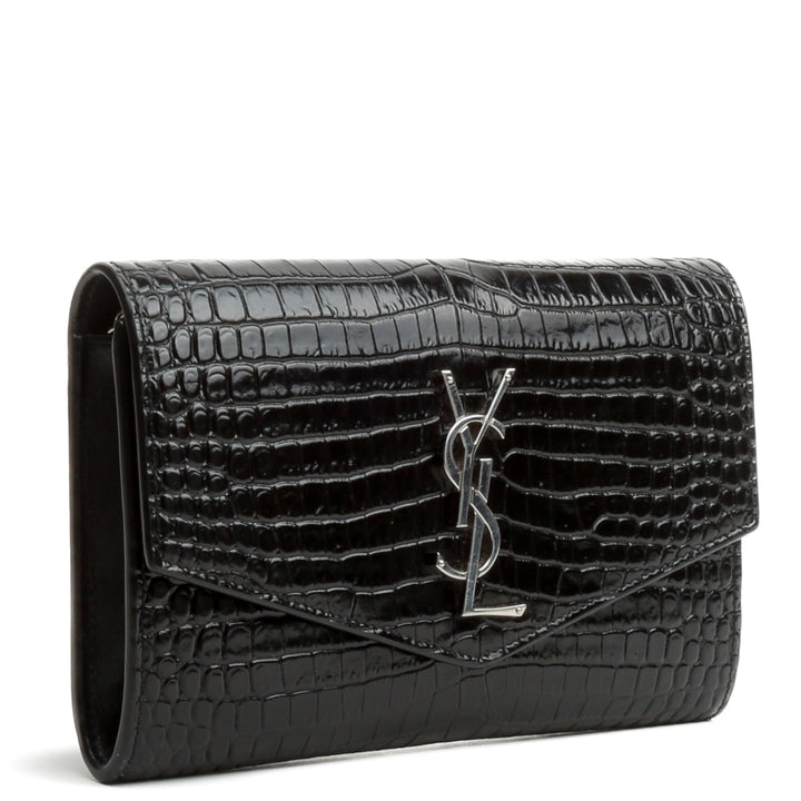 SAINT LAURENT Croc Embossed Uptown Chain Wallet - Black