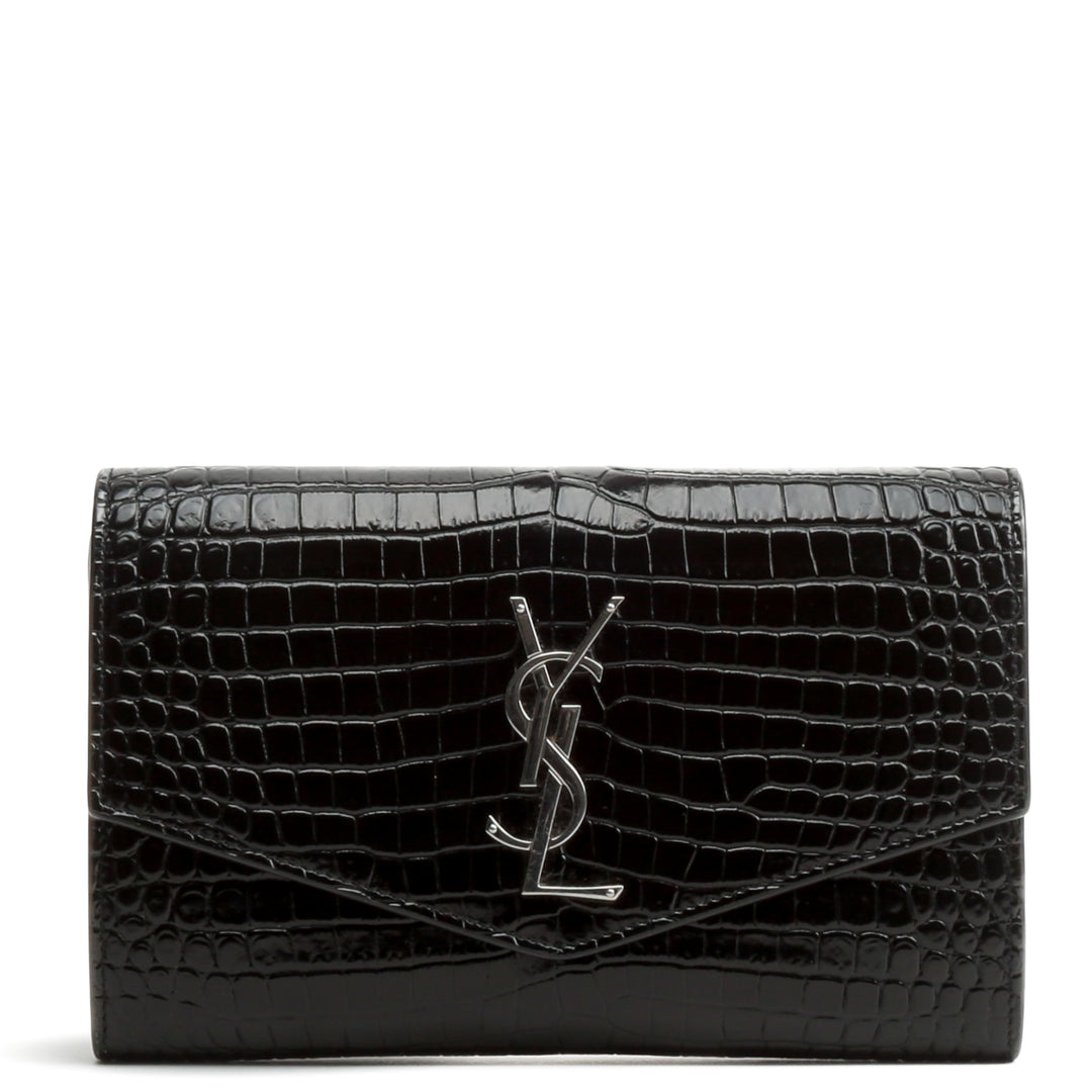 SAINT LAURENT Croc Embossed Uptown Chain Wallet - Black