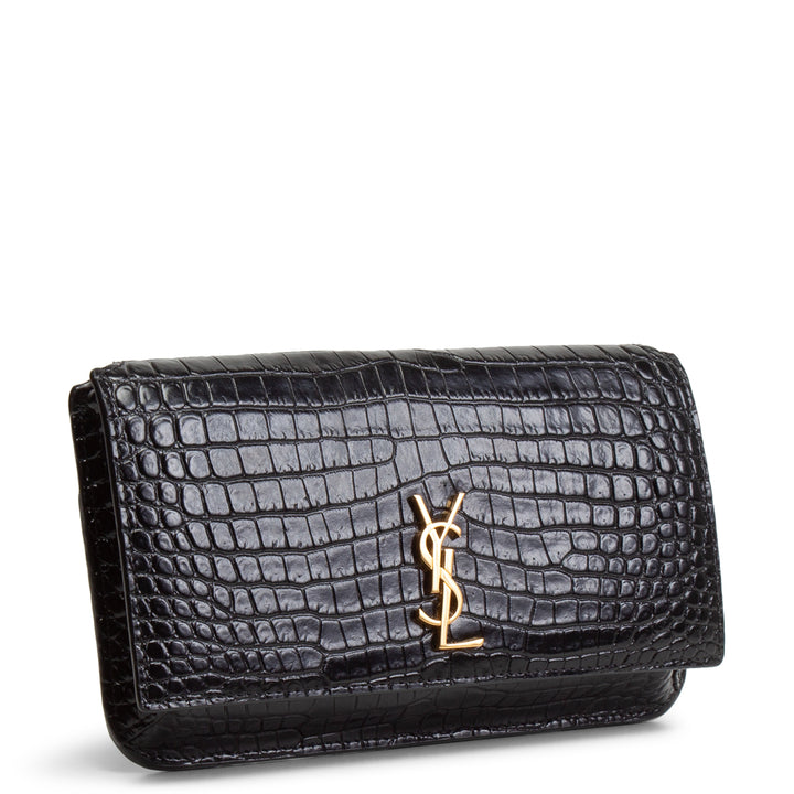 SAINT LAURENT Croc Embossed Cassandre Phone Holder - Black