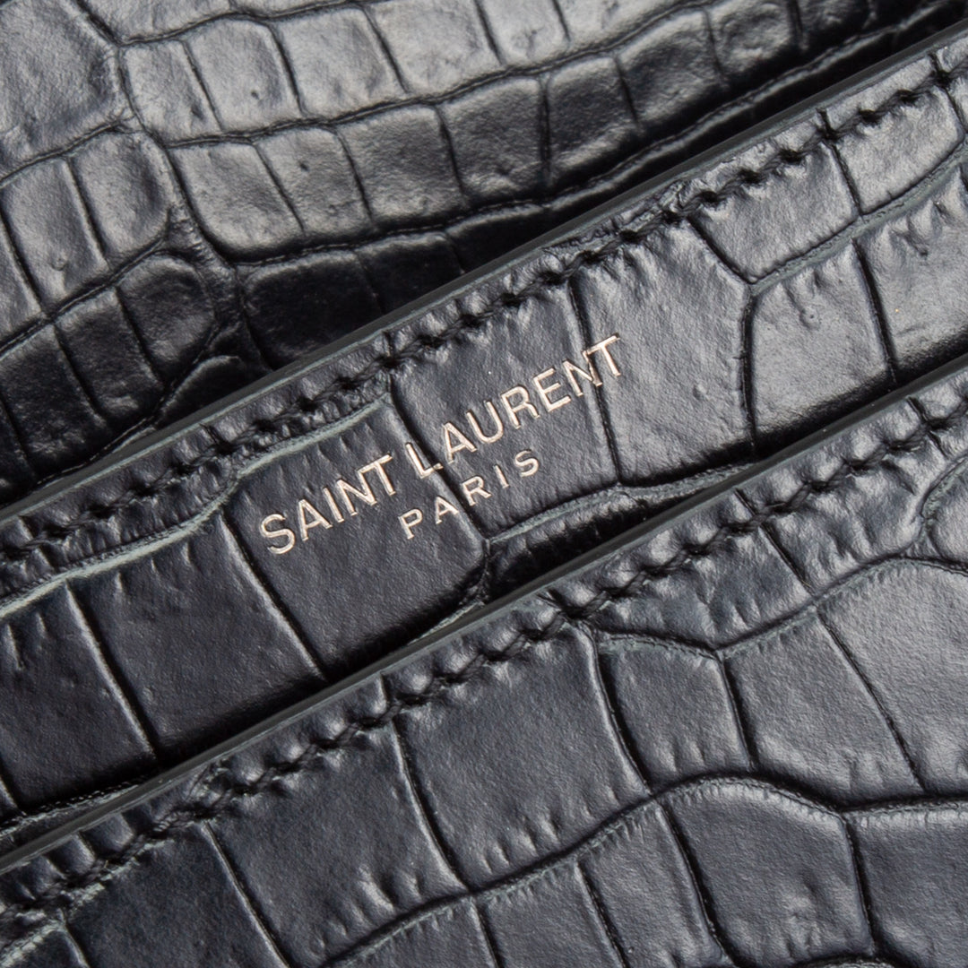 SAINT LAURENT Croc Embossed Medium Sunset Shoulder Bag - Black