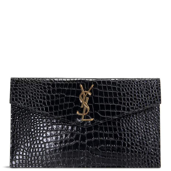 SAINT LAURENT Croc Embossed Uptown Pouch - Black