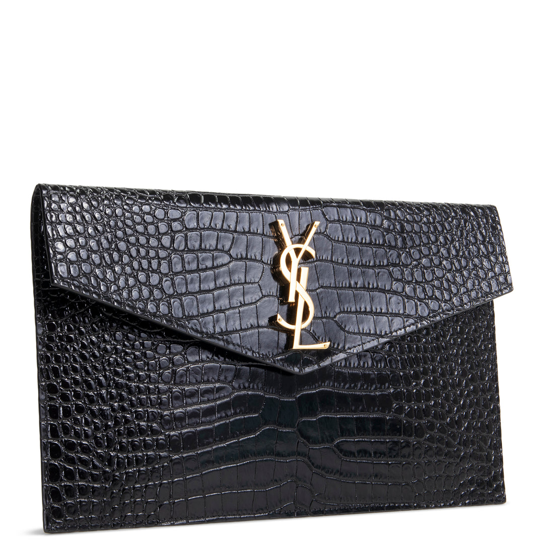 SAINT LAURENT Croc Embossed Uptown Pouch - Black