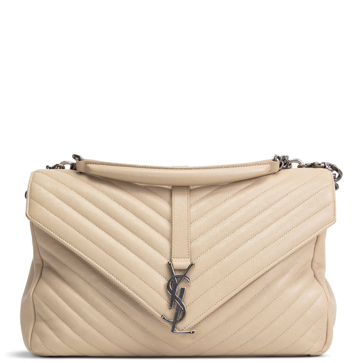 SAINT LAURENT Matelasse Chevron Monogram Large College Satchel - Beige